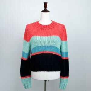 Marc Cain Colorful Orange Striped German Knit Cotton Alpaca Crewneck Sweater XS